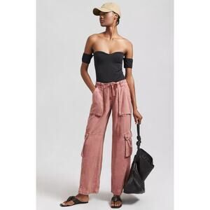 Pilcro Anthropologie Mauve Wide Leg Linen Lyocell Cargo Pants NWT Size 16